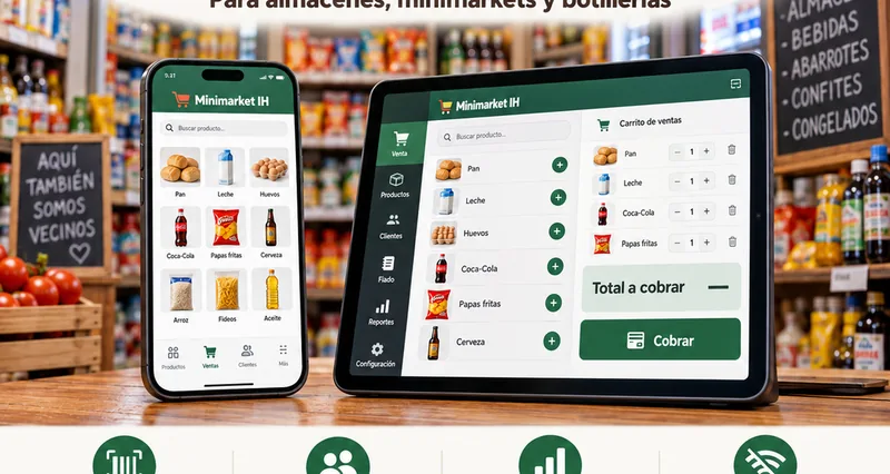 Ilustración de Minimarket IH con la caja y los productos en celulares